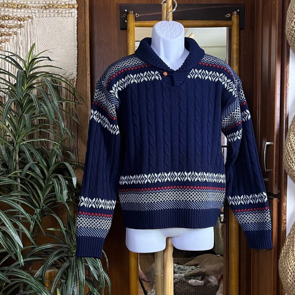 Vintage 80s JCPenney Sweater Mens M Navy Cable Knit Fair Isle Fisherman Button